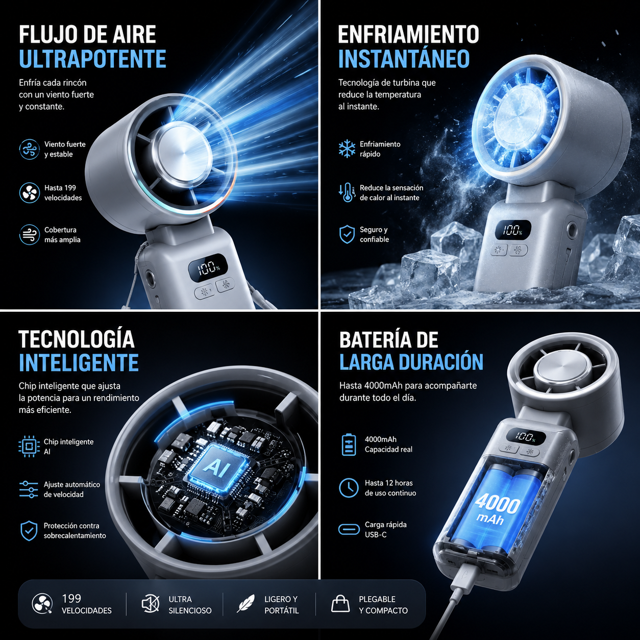 Ventilador Portátil Plegable con Hielo — 199 Velocidades y 4000mAh ®