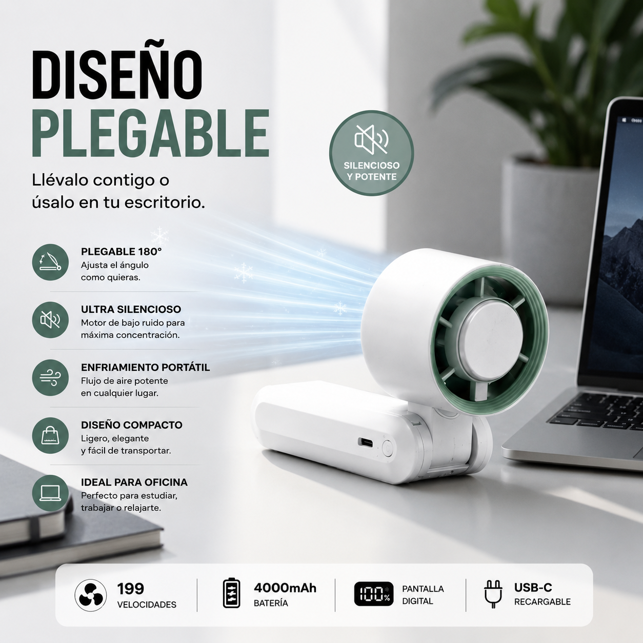 Ventilador Portátil Plegable con Hielo — 199 Velocidades y 4000mAh ®